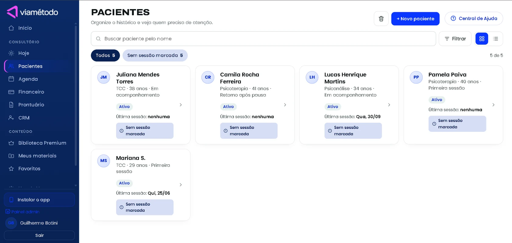 Tela de pacientes da ViaMétodo Plus 2.0, com cadastro fictício
